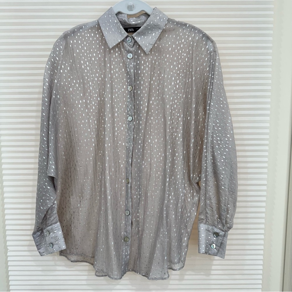 Zara Long Sleeve Button Down Shirt Polka Dot Silver Gray S